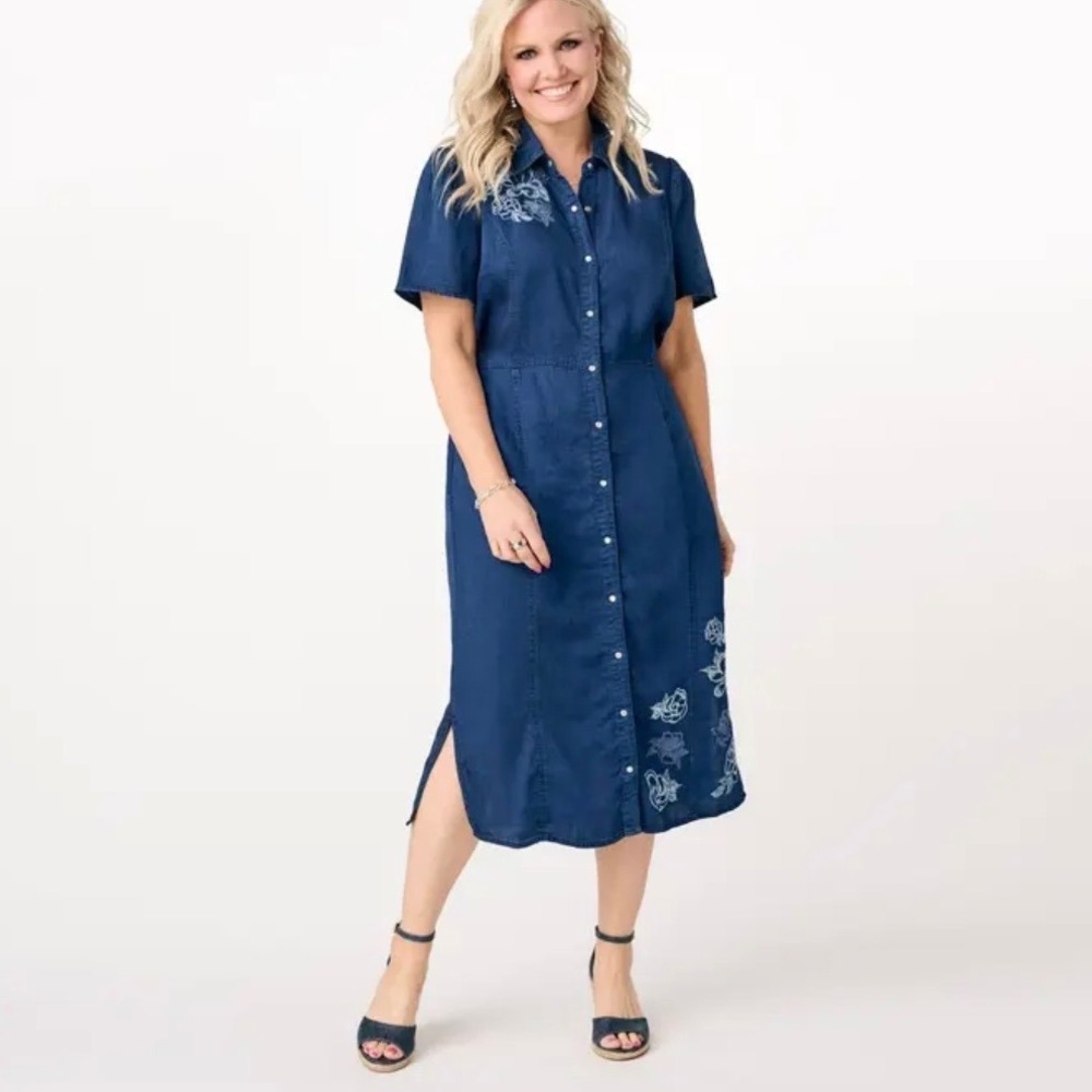 NWT Studio Park x Terri Conn Lyocell Embroidered Shirt Dress 2X Pearl Snap Front